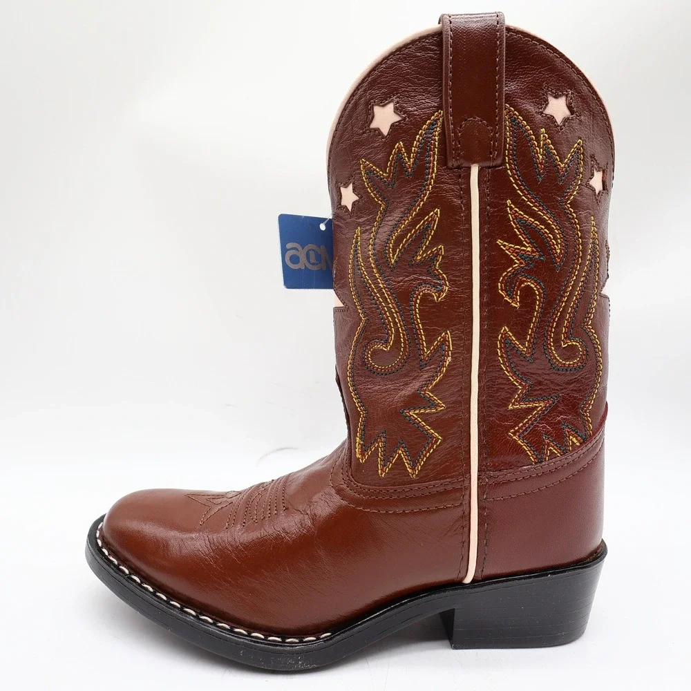 Acme Western Boots Childs 1 D Brown Star Inlay Leather New In Box Vintage Style